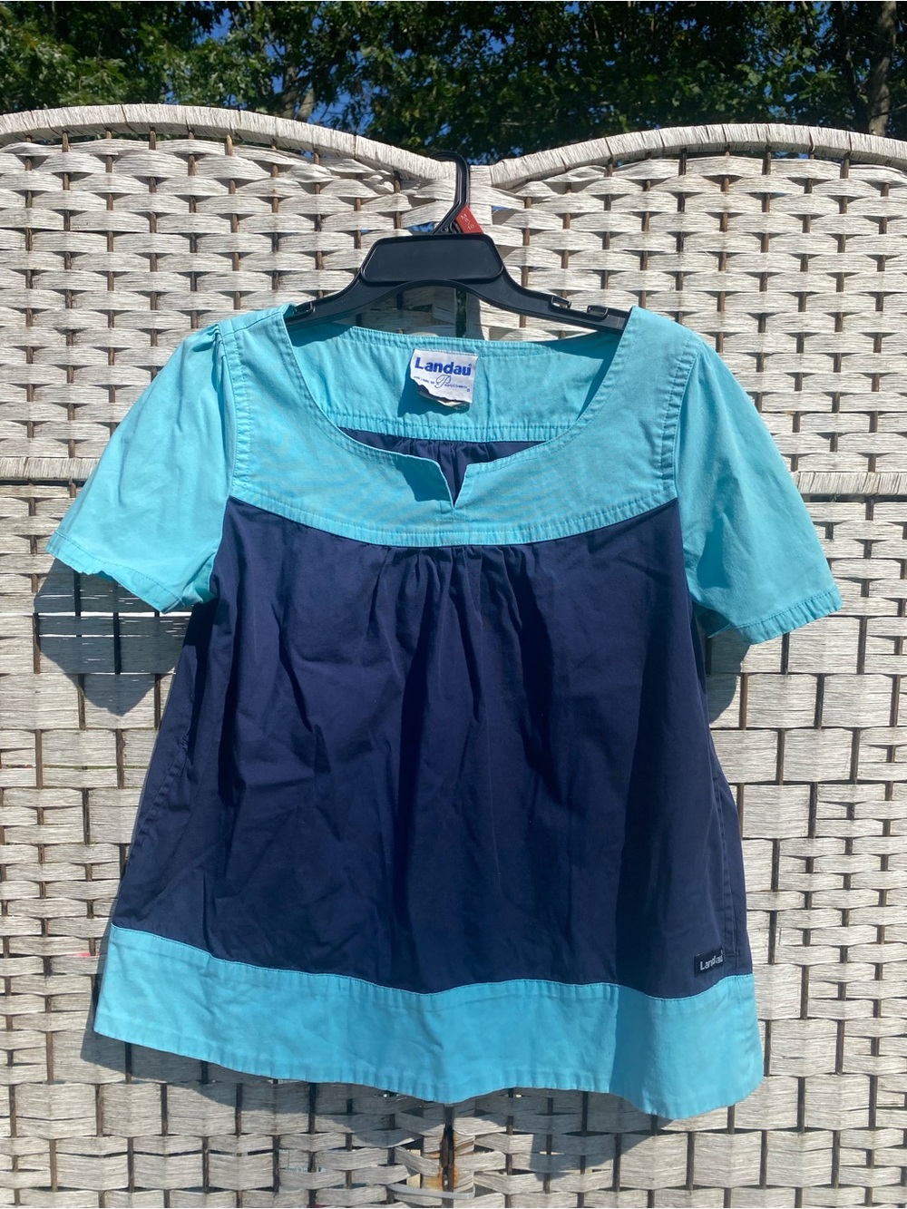 Landau Two-Tone Teal and Navy Short-Sleeve Women’s Top
